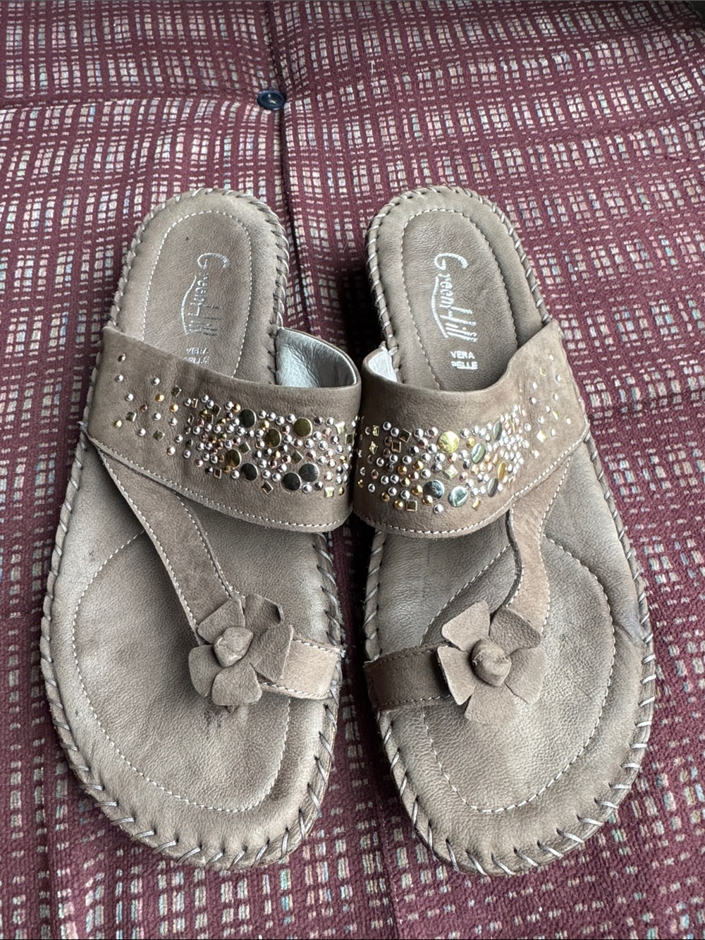 Beaded Taupe Suede Women's Thong Sandals